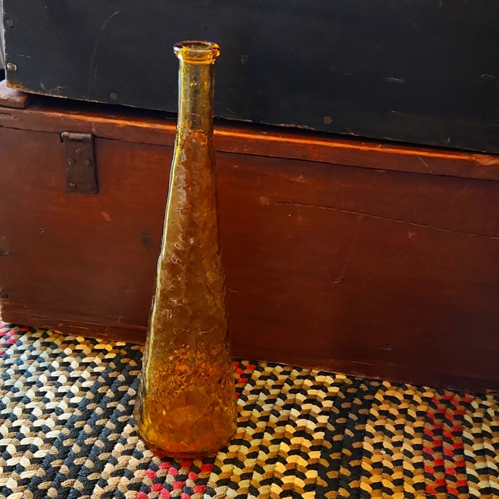 Vintage Amber Glass Bark Empoli Style Genie Bottle/Decanter, Mid Century Glass